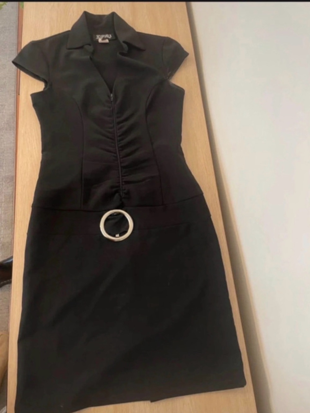 Sleek Black Mini Dress with Collar and Silver Ring Detail